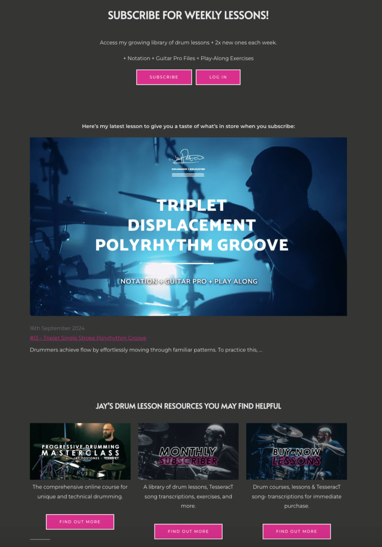 A website page with drum lesson offerings.